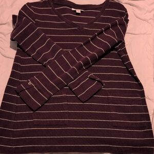 Striped V-Neck Sweater - Purple and Beige